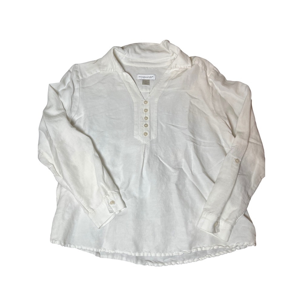 Christopher & Banks Womens White Linen Blend Button V-Neck Tunic‎ Blouse Size M
